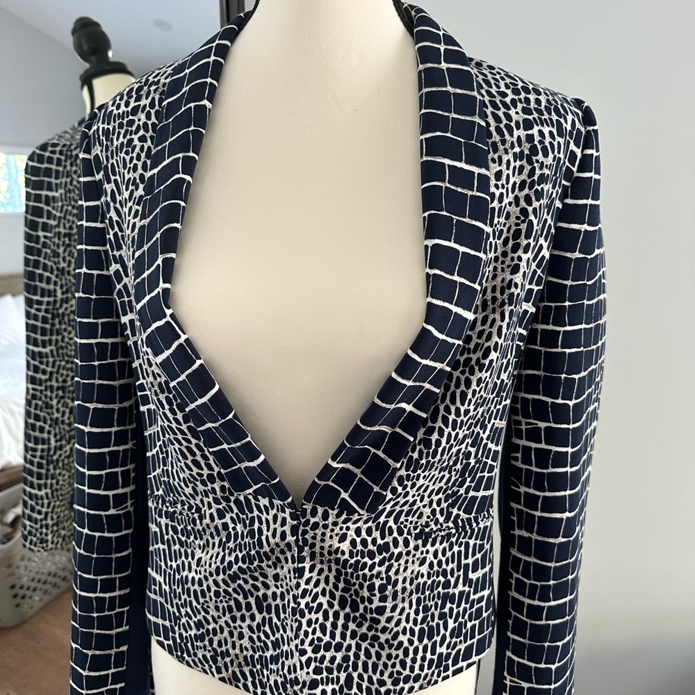 BCBG Asymmetrical print blazer. Great for office or a casual look.